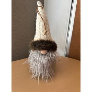 Plush Nordic Gnome Decor – Cream Knit Hat, Faux Fur Trim
